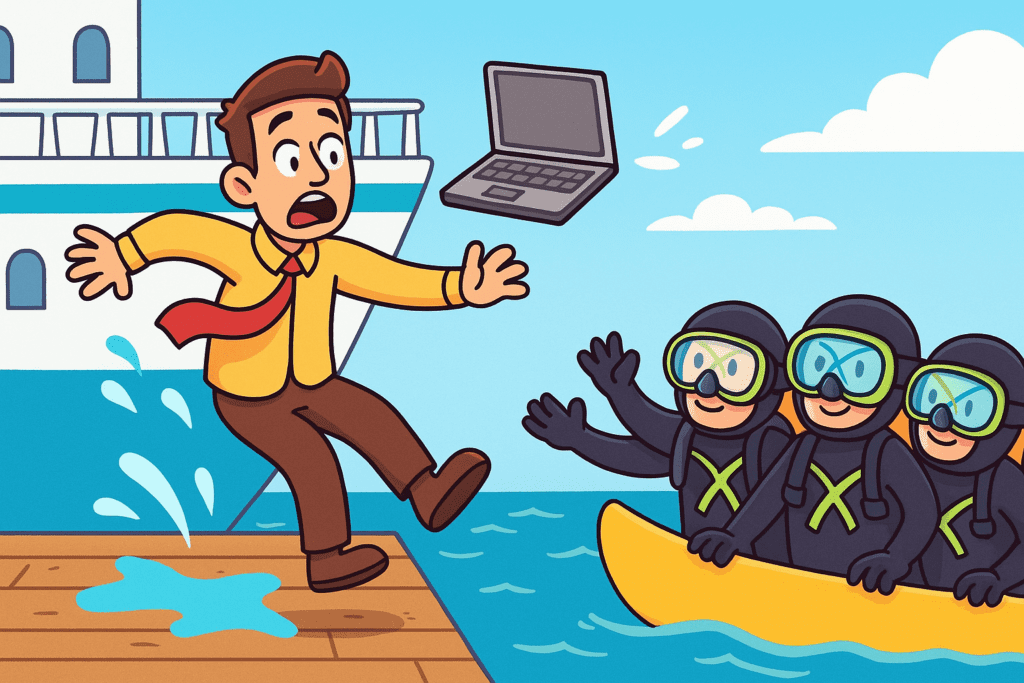 guy dropping laptop in ocean, Flexible IT saving them