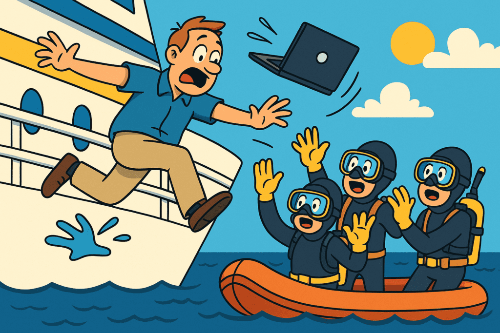 guy dropping laptop in ocean, Flexible IT saving them