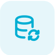 Blue icon of a database cylinder with a circular arrow in front, symbolizing data synchronization or database refresh, on a light blue rounded square background.