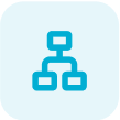 Blue icon of a hierarchical flowchart or network diagram with three connected rectangles, on a light blue rounded square background.