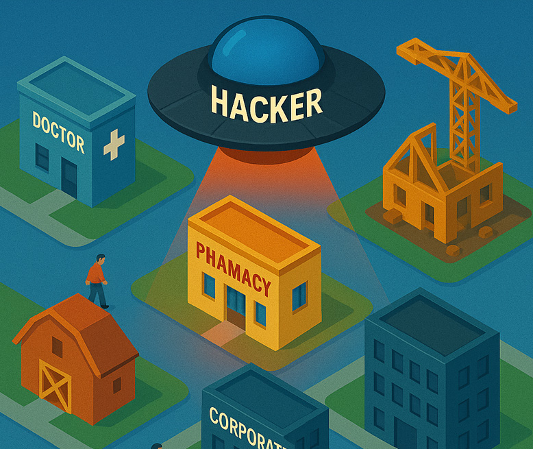 a UFO titled Hacker, that is hovering over different businesses. A pharmacy, a construction site, a farm, a doctor.