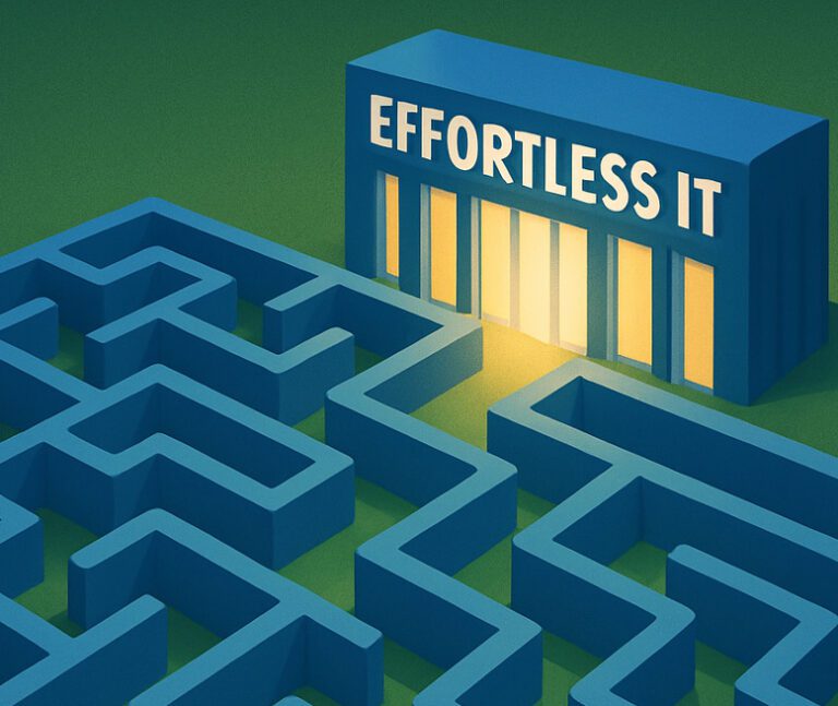 Illustration of a maze leading to a brightly lit building labeled "EFFORTLESS IT," suggesting easy access to IT solutions.