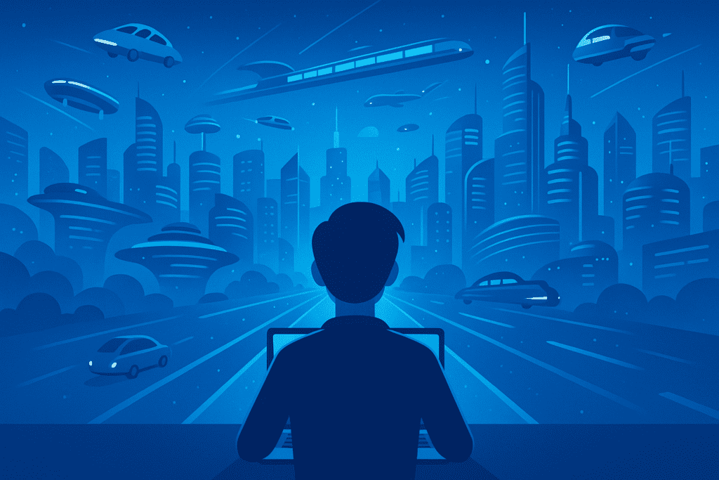man sitting at a computer in a futuristic society