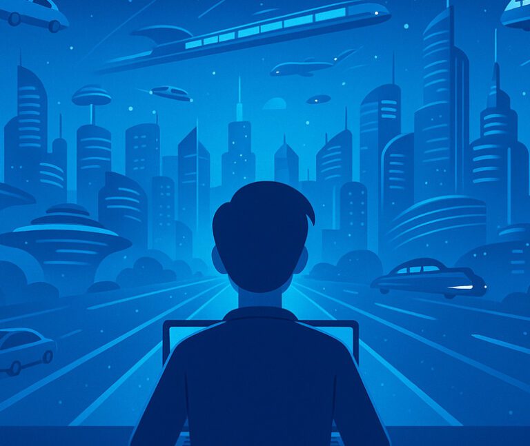 A person sits at a desk facing a futuristic cityscape with flying cars, advanced trains, and tall buildings at night.