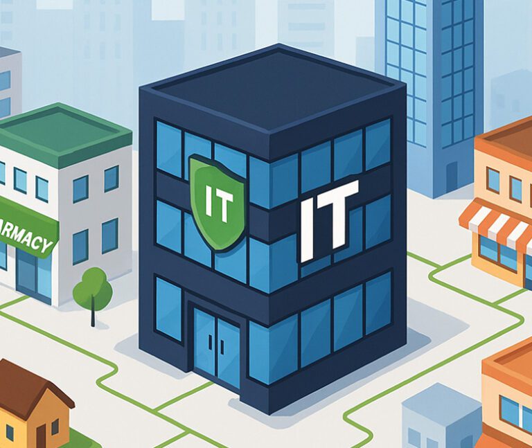 A modern office building labeled "IT" with a green shield sign, surrounded by other businesses in a cityscape.
