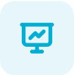 Blue icon of a presentation screen displaying an upward trend line, on a light blue rounded square background.