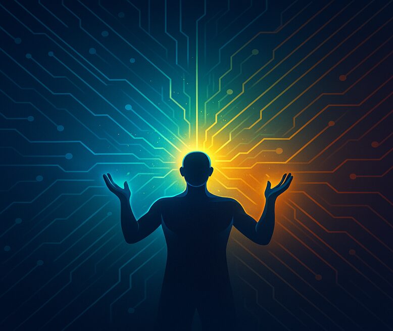 A shadow of a person harnessing the power of ai and technology. There is a blue and orange glow behind the person