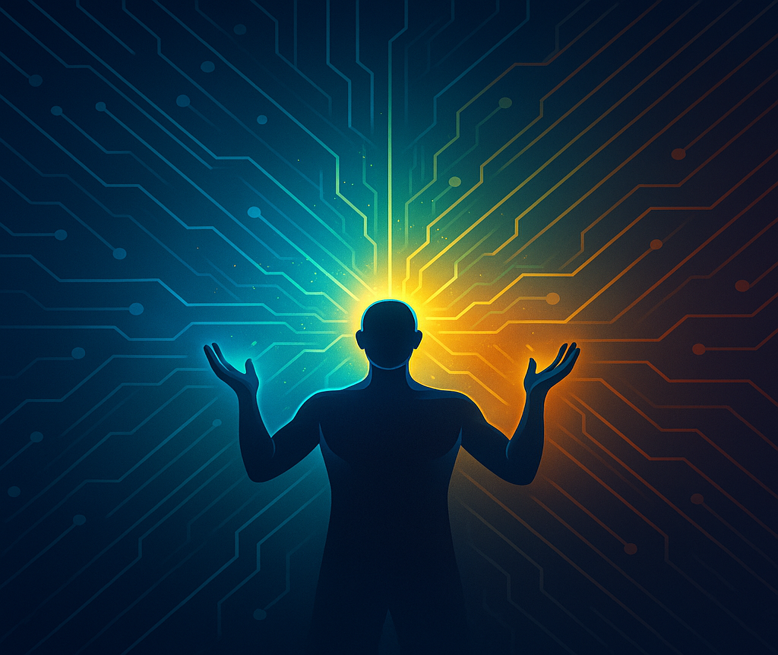 A shadow of a person harnessing the power of ai and technology. There is a blue and orange glow behind the person