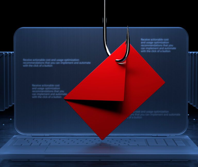 A red envelope is hooked by a fishhook in front of a laptop screen, suggesting an email phishing scam or cyberattack.