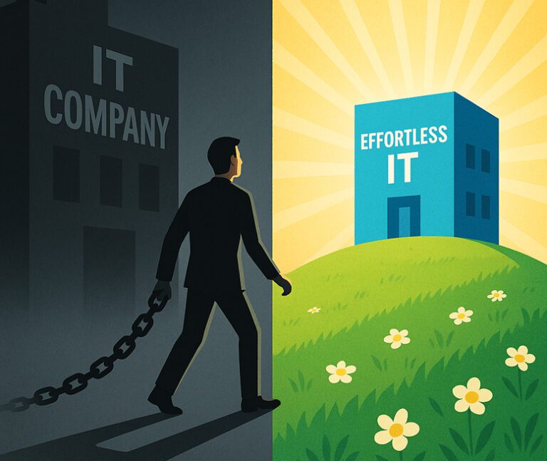 A man with a broken chain on his ankle walks from a dark IT company building toward a bright, sunny building labeled "Effortless IT" on a grassy hill with flowers.