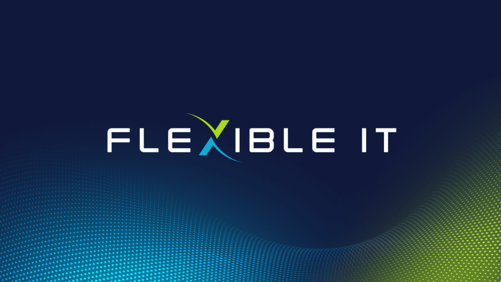 The image displays the text "FLEXIBLE IT" on a dark blue background with curved, dotted blue and green wave patterns at the bottom.