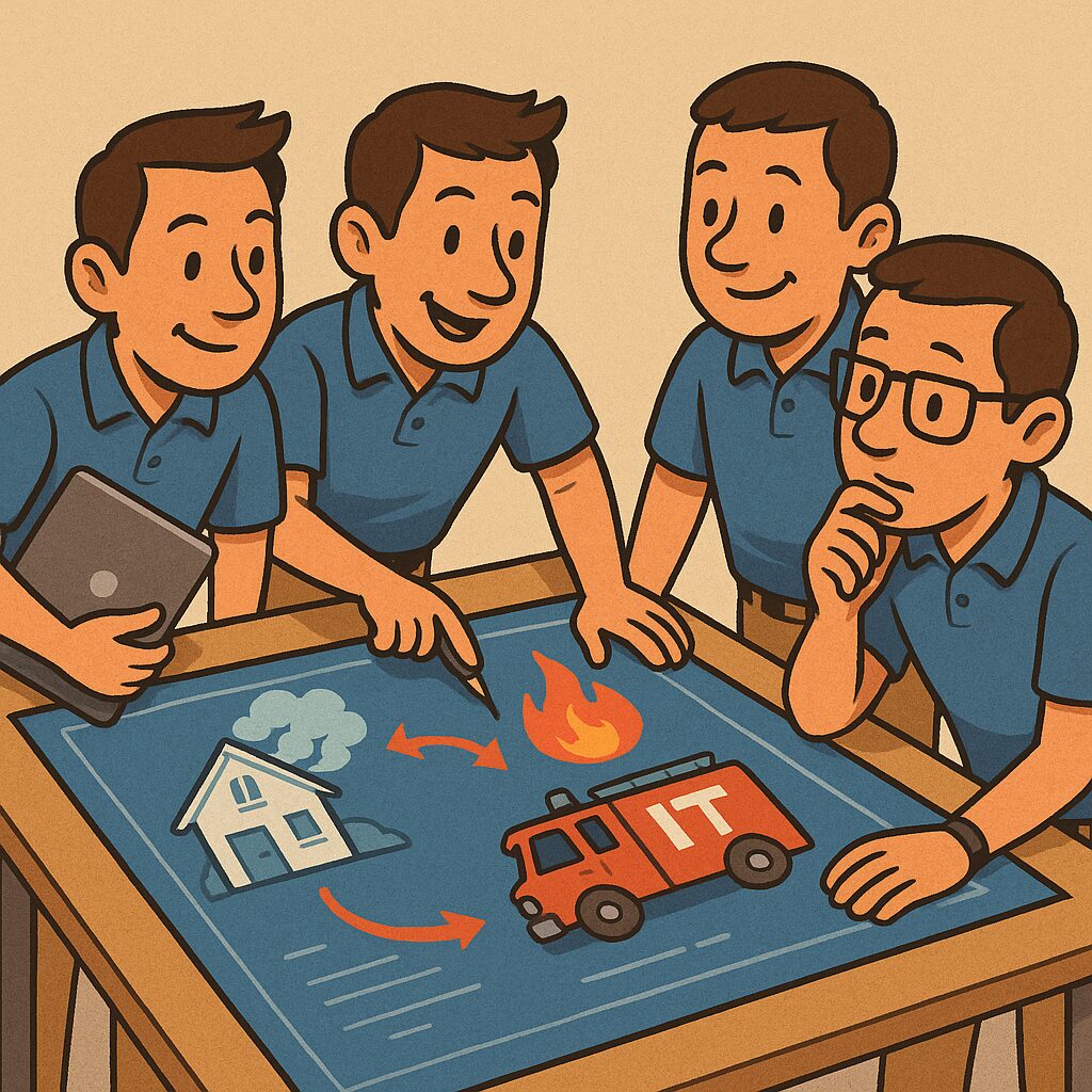 Four men in blue shirts stand around a table, discussing a blueprint featuring a house, fire, cloud, and a fire truck labeled "IT." One holds a tablet, another points to the diagram.