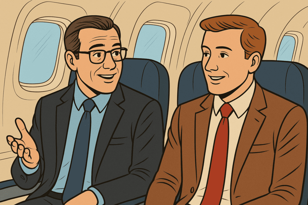 IT support specialist on plane with another business man