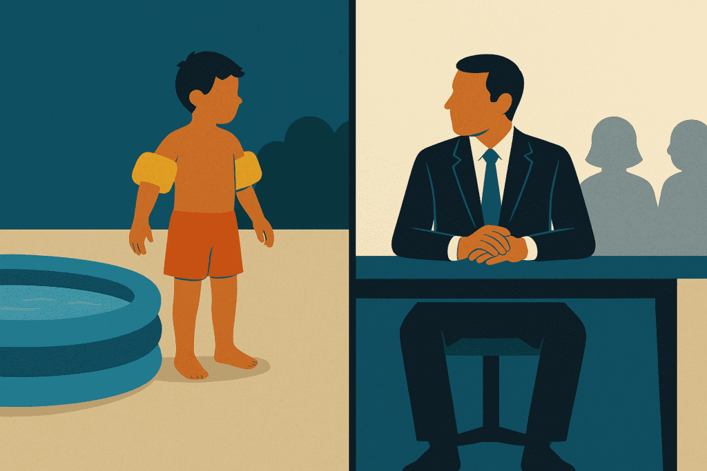 Kid at a pool and guy at a desk