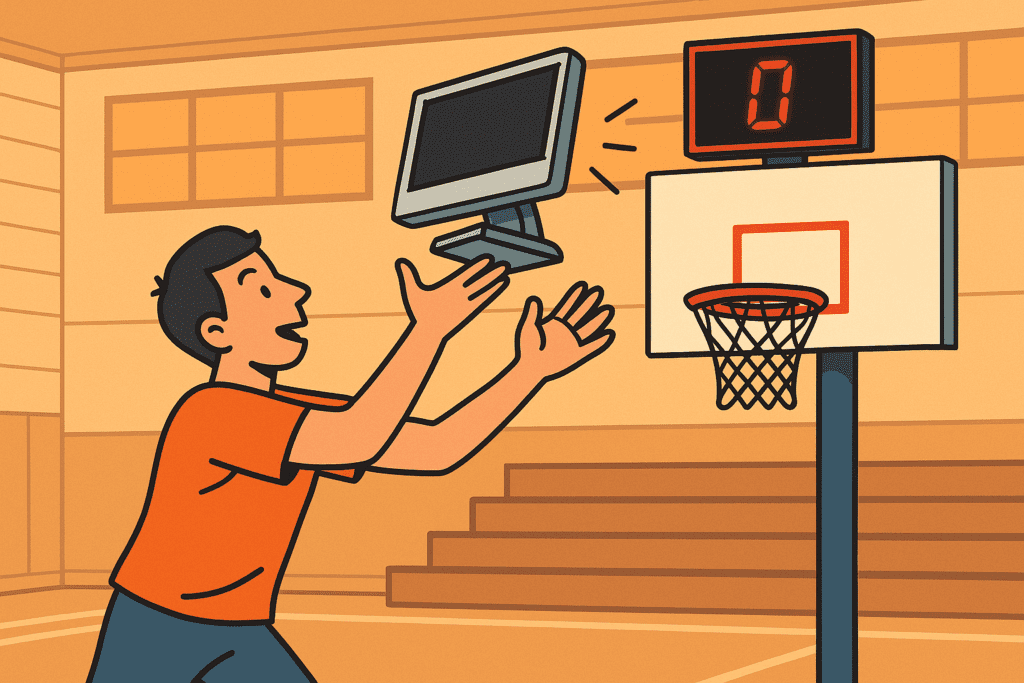 Guy shooting a pc into a basketball hoop