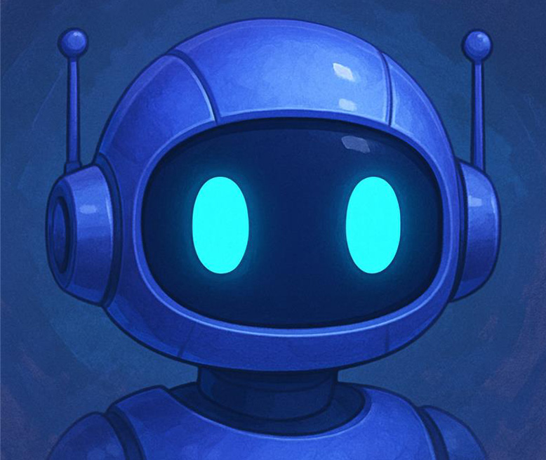 A blue AI robot with light blue eyes,