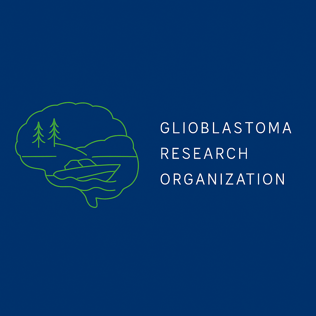 A speed boat near the coast line with trees, draw inside a brain. Glioblastoma Research Organization