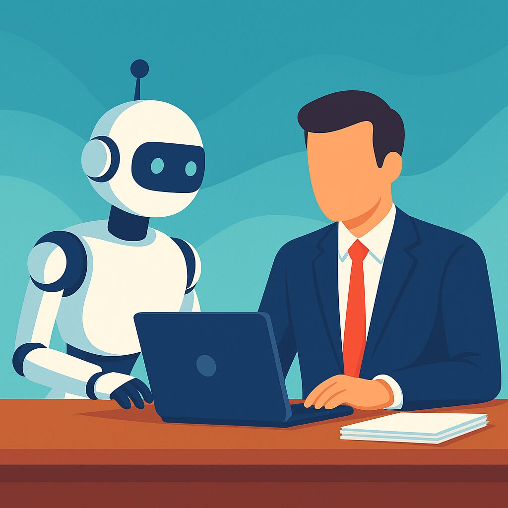 A robot and a faceless businessperson sit at a desk, both looking at a laptop, with a stack of papers nearby.
