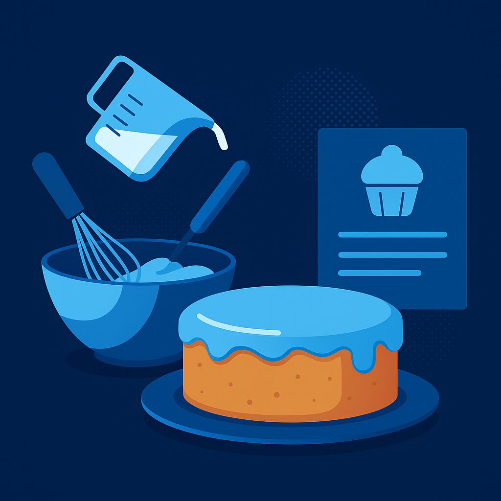Illustration of a bowl with a whisk, a measuring cup pouring liquid, a frosted cake on a plate, and a recipe card with a cupcake icon.