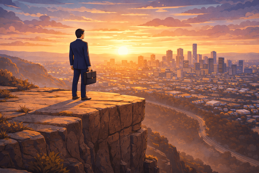 A man in a suit holding a briefcase stands on a cliff overlooking a city at sunset, with tall buildings and winding roads visible below.