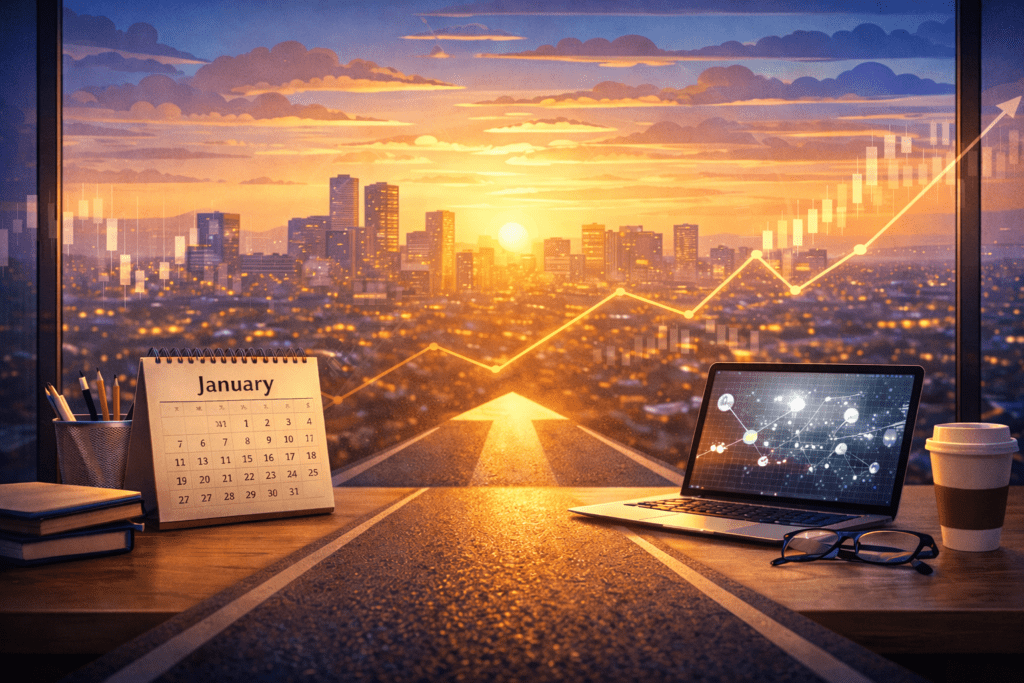 A desk with a calendar, laptop, coffee cup, and books overlooks a city at sunrise, with upward graph lines symbolizing growth and progress.