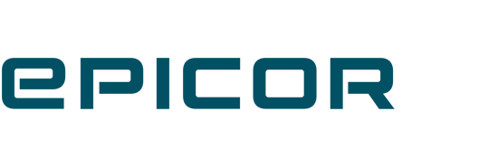 The image shows the Epicor logo with the word "EPICOR" in bold, teal, uppercase letters on a light gray background.