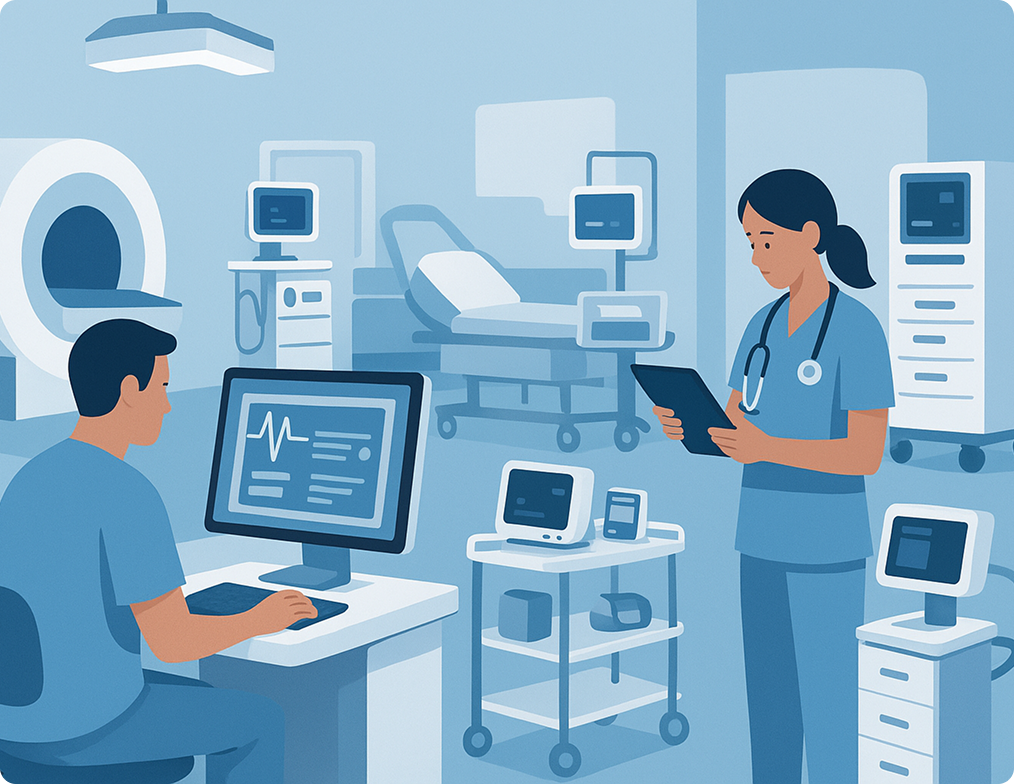 Medical professionals in a hospital room with diagnostic equipment; one person works at a computer, another holds a clipboard.