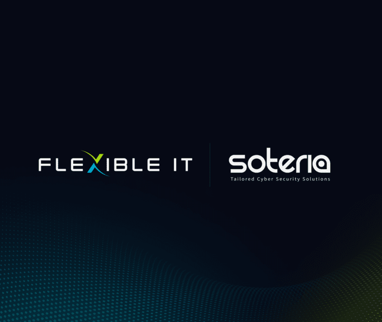 Logos of Flexible IT and Soteria, with the tagline “Tailored Cyber Security Solutions” under the Soteria logo, on a dark gradient background.