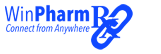 WinPharm Rx logo with tagline "Connect from Anywhere" and an image of a mortar and pestle inside a chain link.