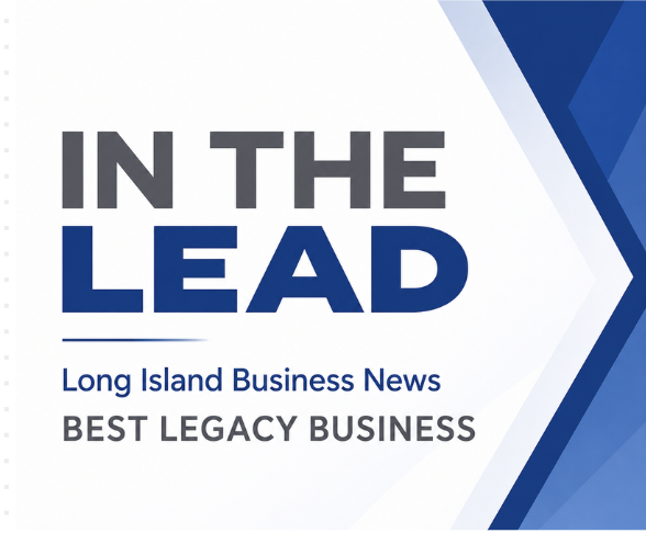 Graphic with text: "IN THE LEAD. Long Island Business News. BEST LEGACY BUSINESS," on a white and blue geometric background.