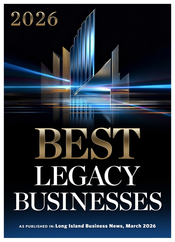 A cover with "2026 Best Legacy Businesses" in large gold text, abstract skyscraper graphic, and a nod to notable Long Island legacy business honorees from Long Island Business News, March 2026.