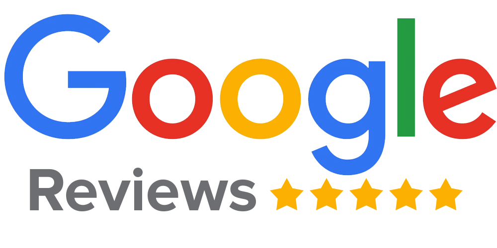 Google Reviews logo with the word "Reviews" and five yellow stars below the Google logo, indicating a five-star rating system.