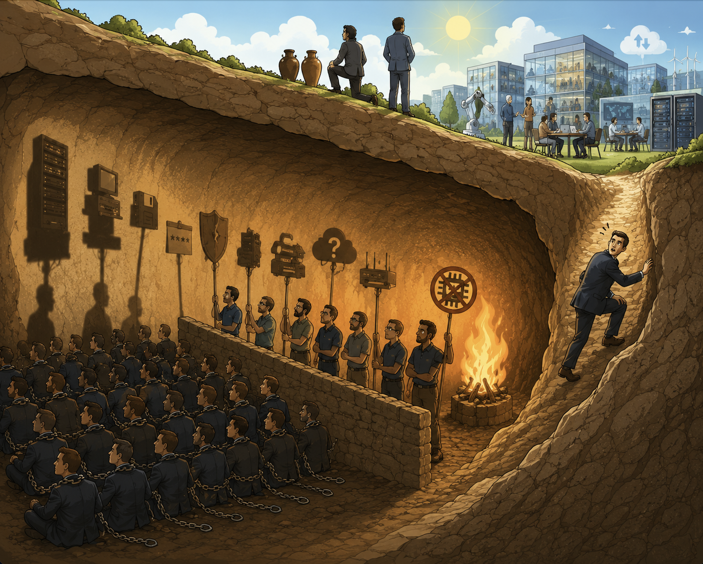 Business owners chained in a cave watching shadows of IT equipment while one climbs out toward a modern technology landscape in daylight.