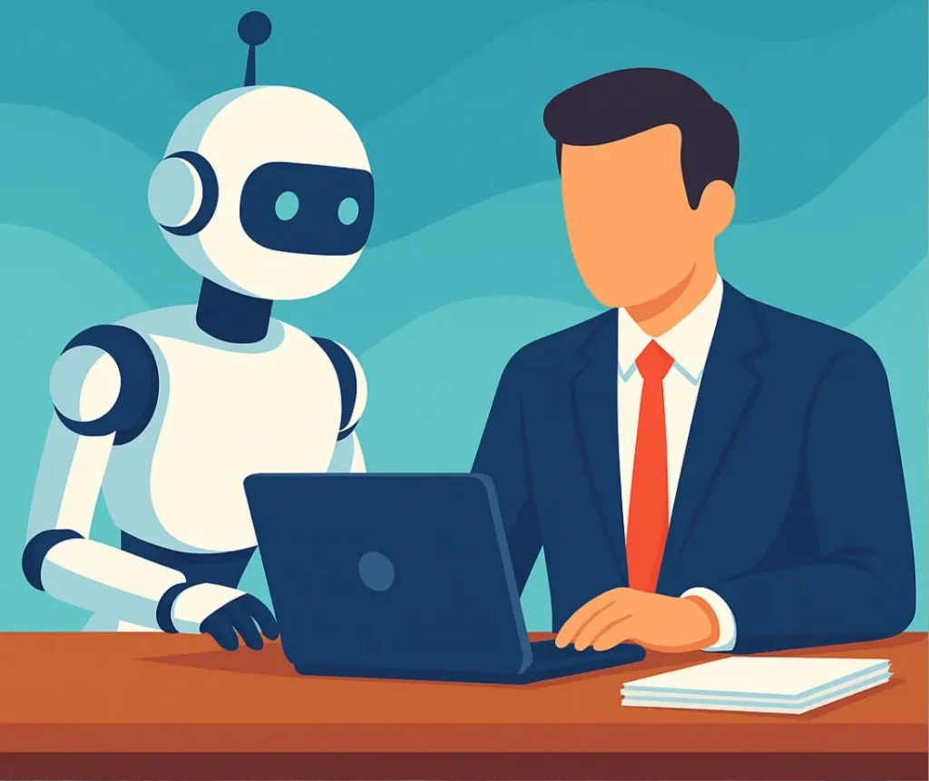 A robot and a faceless person in a suit sit at a desk, looking at a laptop, with documents stacked beside them.