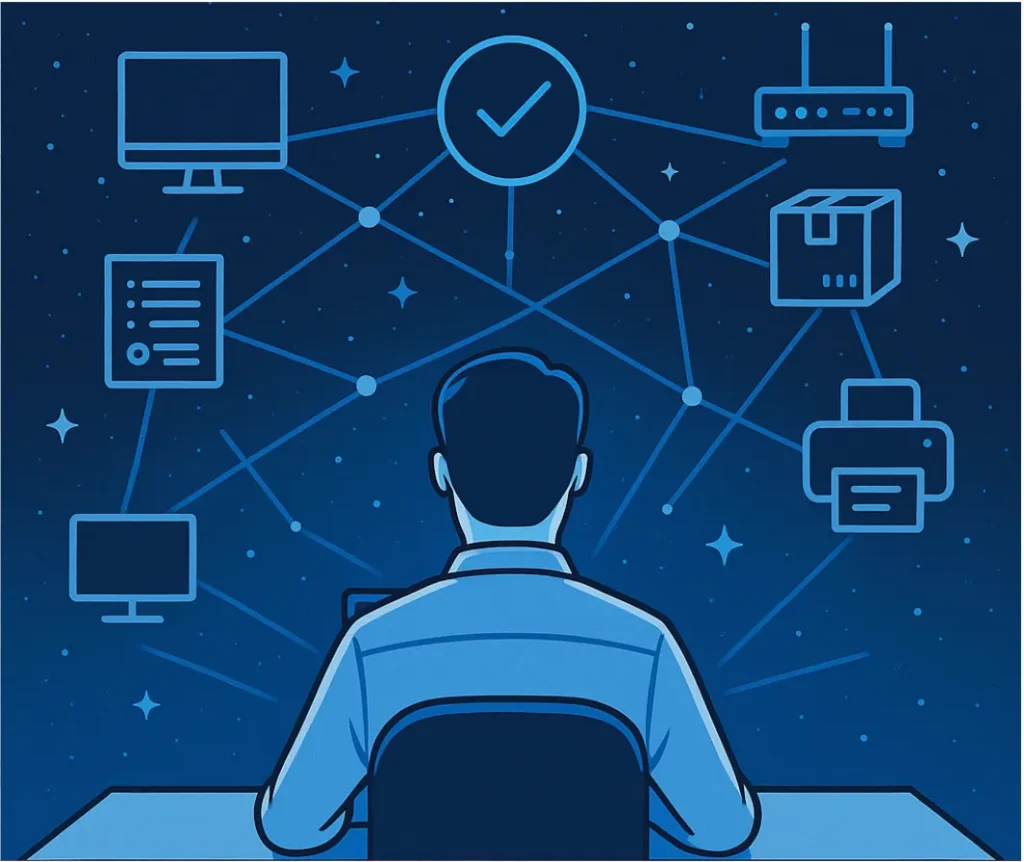 A person sits at a desk facing connected icons of devices such as a computer, printer, router, and server, representing a networked system.