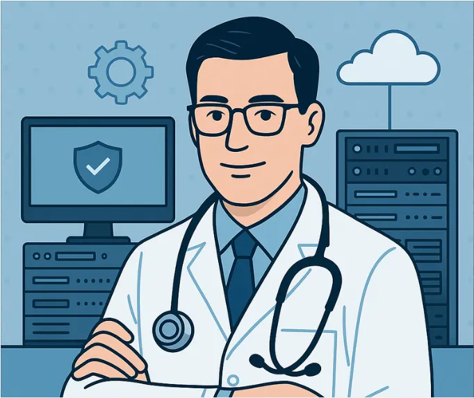 A doctor with glasses and a stethoscope stands in front of computer servers, a monitor with a shield icon, and a cloud symbol, suggesting a focus on healthcare technology.