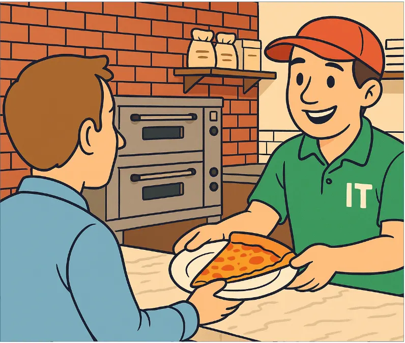 A pizza shop worker in a green shirt hands a plate with a pizza slice to a customer across the counter. Brick oven and shelves in the background.
