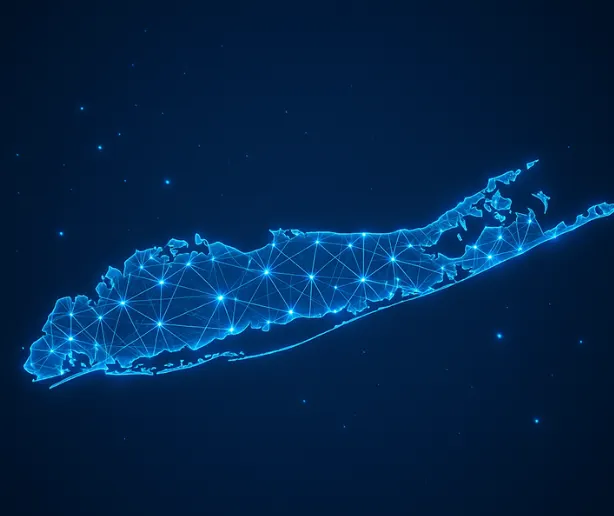 Digital illustration of Long Island, New York, outlined in blue with a network of connected points and lines on a dark background.