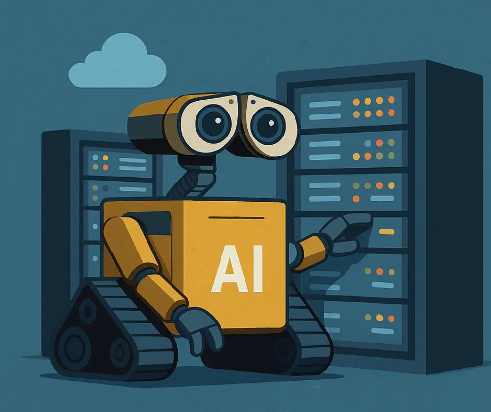 A cartoon robot with "AI" on its chest points at a server rack, with a cloud in the background on a blue backdrop.