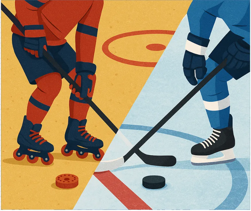 Illustration showing a roller hockey player on the left and an ice hockey player on the right, each with their sticks and playing surfaces divided diagonally.