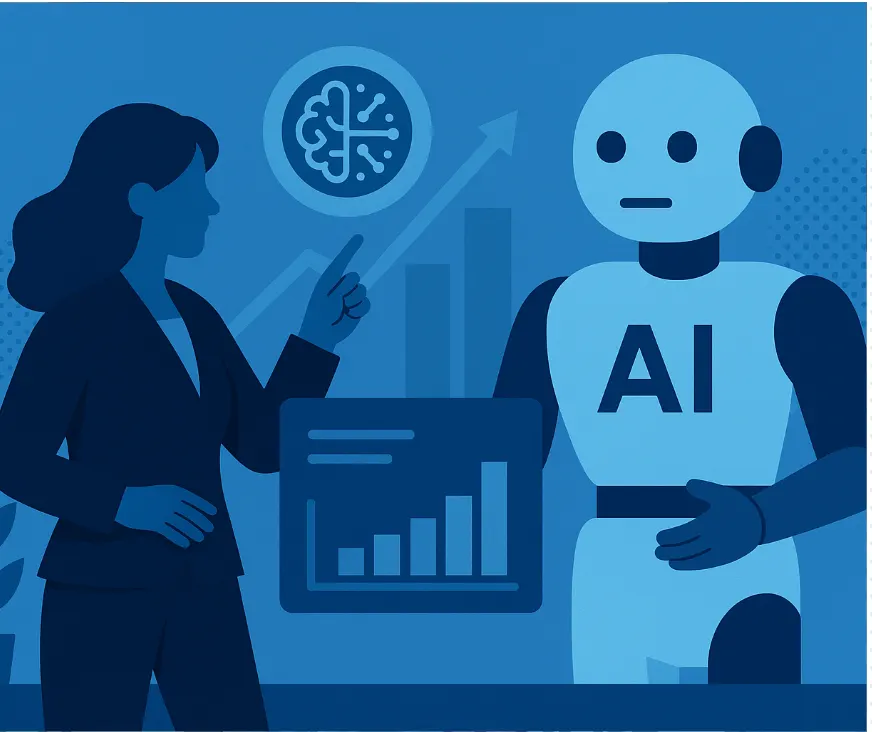 A woman gestures toward a graph while standing next to a robot labeled "AI" with charts and a brain icon in the background.