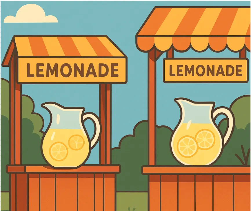 Two lemonade stands with striped yellow and orange canopies, each featuring a pitcher of lemonade with lemon slices; trees and sky in the background.