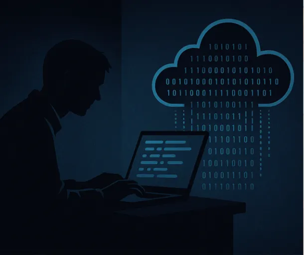 Silhouette of a person using a laptop with binary code streaming from a cloud icon, symbolizing data transfer or cloud computing.
