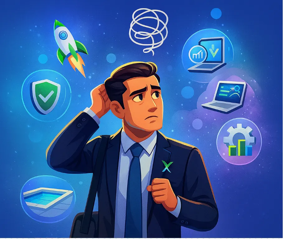 A man in a suit looks confused, surrounded by icons of a rocket, shield, charts, gear, and a tangled line, representing uncertainty in business decisions.