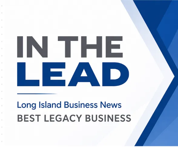 Graphic with text: "IN THE LEAD. Long Island Business News. BEST LEGACY BUSINESS," on a white and blue geometric background.
