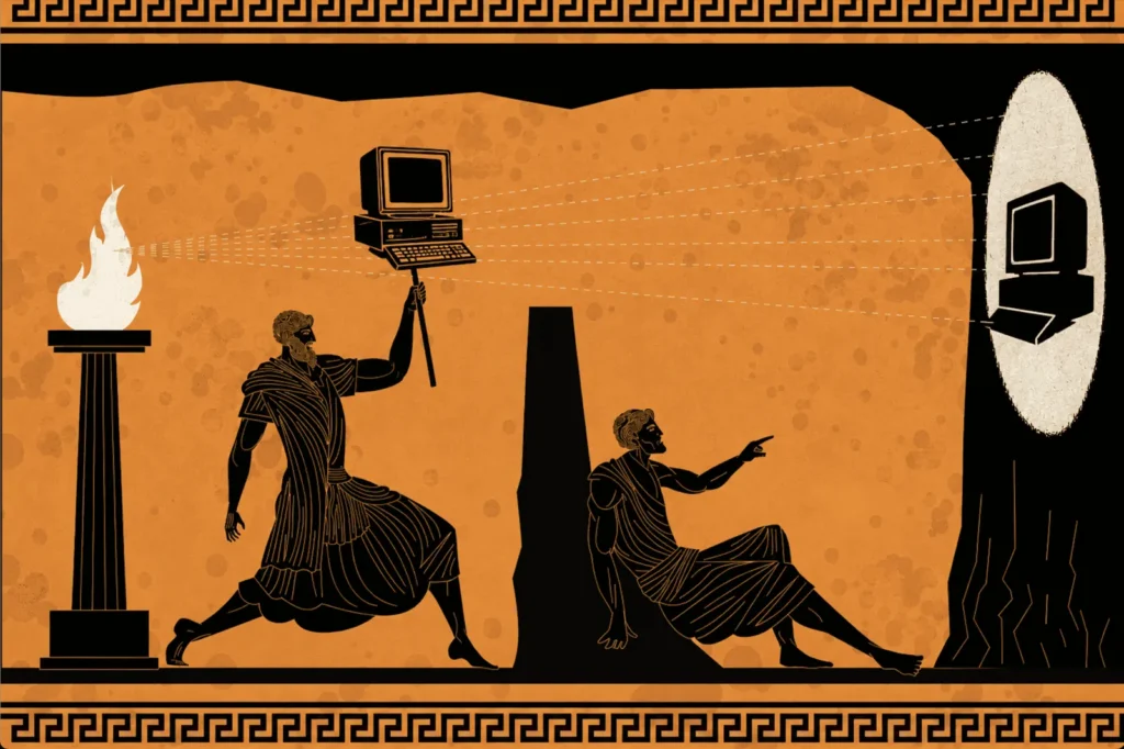 Ancient Greek pottery style illustration of a figure holding a computer in front of a fire, casting a shadow on a cave wall for a seated prisoner.