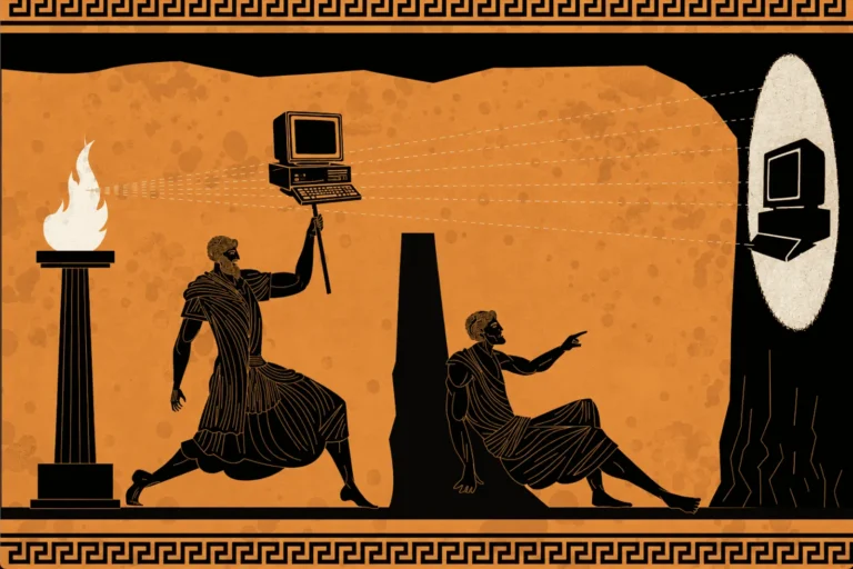 Ancient Greek pottery style illustration of a figure holding a computer in front of a fire, casting a shadow on a cave wall for a seated prisoner.