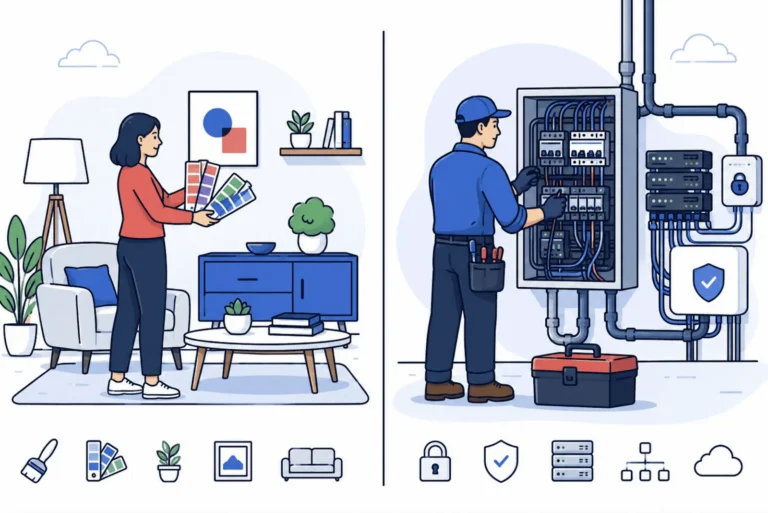 Split illustration: an interior decorator holding color swatches on the left, an electrician wiring a panel connected to servers, a lock and a security shield on the right.