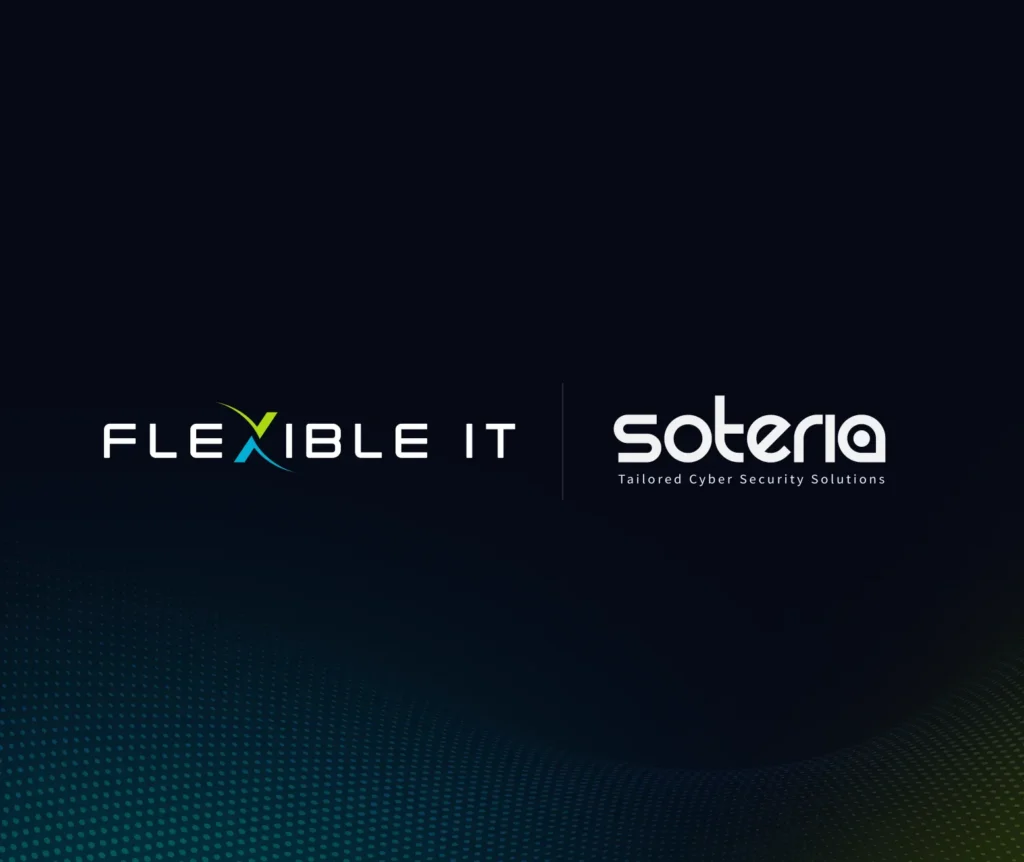 Logos of Flexible IT and Soteria, with the tagline “Tailored Cyber Security Solutions” under the Soteria logo, on a dark gradient background.