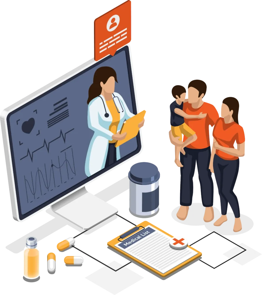 A family consults a doctor via telemedicine on a computer screen, with medical documents, pills, and a prescription bottle shown nearby.